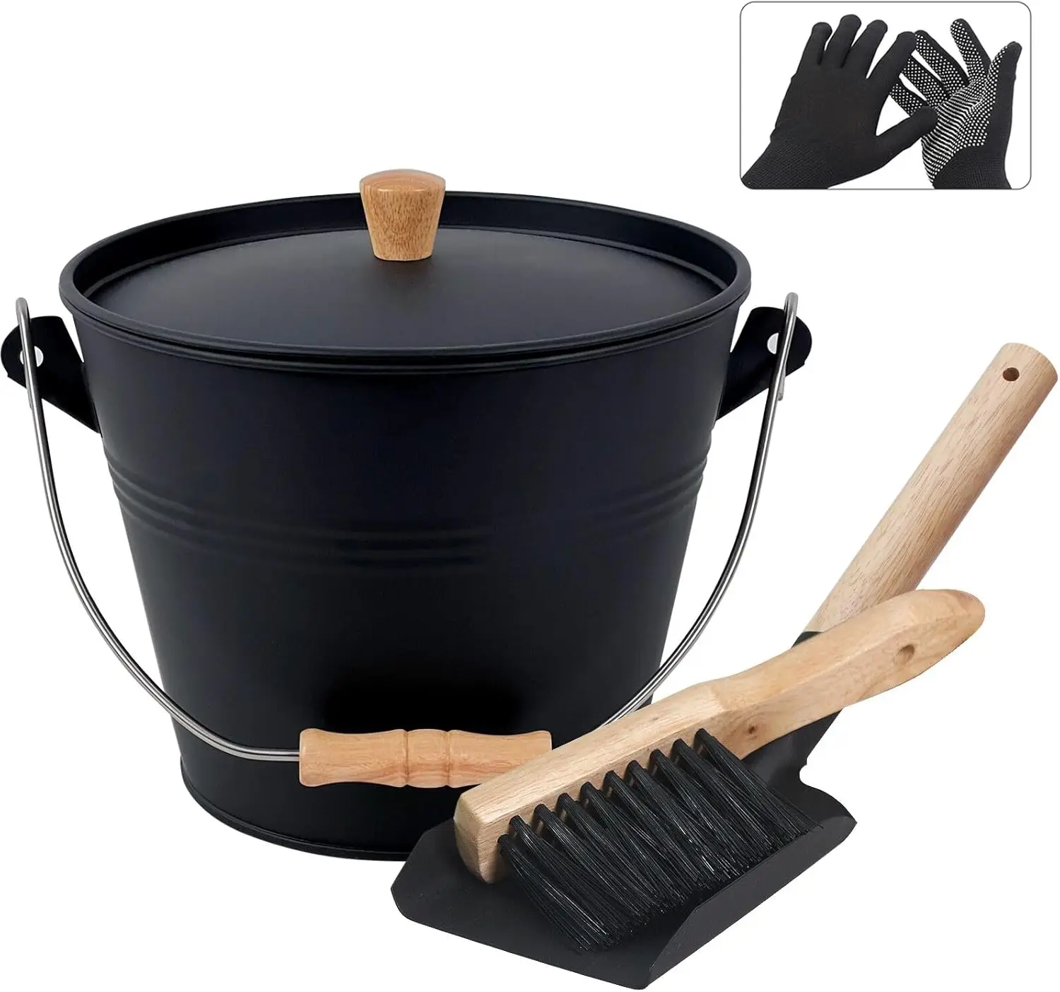 Ash bucket with Lid, Round Charcoal bucket for Fireplaces, 5L bucket with Shovel and Hand Broom, Fireplace Tool accessories