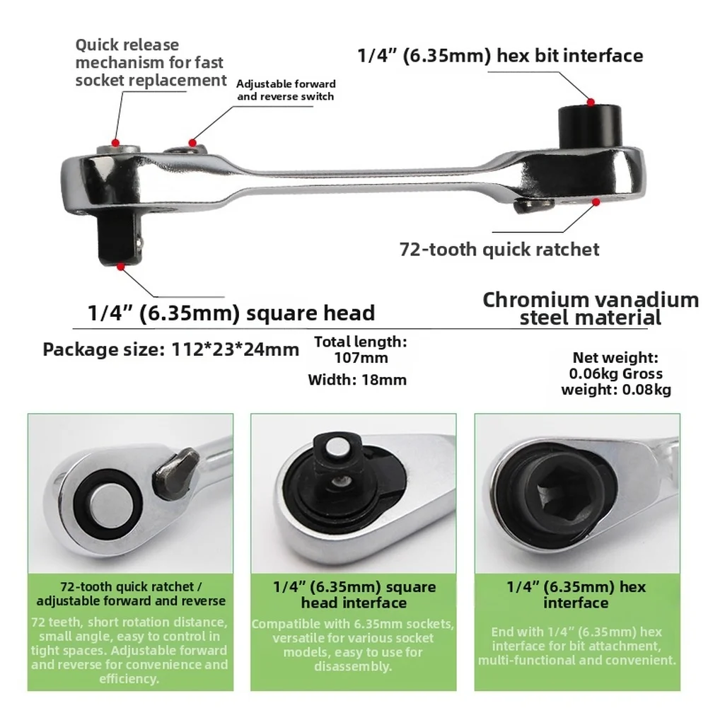 مفتاح ربط بسقاطة صغير 72 سن 14 بوصة مع إطلاق سريع 1/4 بوصة عرافة بت المقبس سائق عكسها الكروم الفاناديوم سبائك الصلب #4