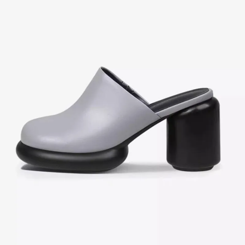 Phoentin Big round toe Mules shoes women Genuine Leather High Heel outdoor slippers 2023 summer new fashion Shoes size 41 FT2634