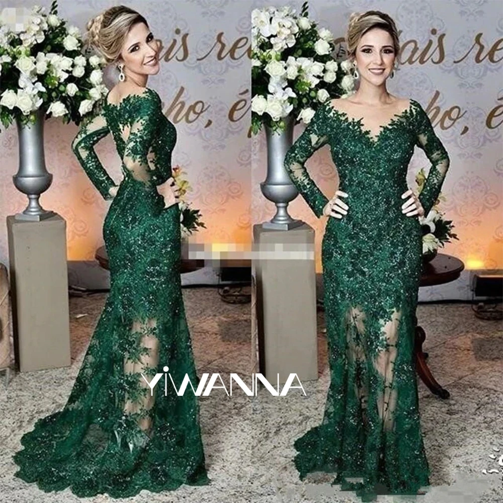 

New Modest Sequined Mother Of The Bride Dress Full Sleeve Lace Appliques Mermaid Evening Dresses For Formal Party Robe De Mariée