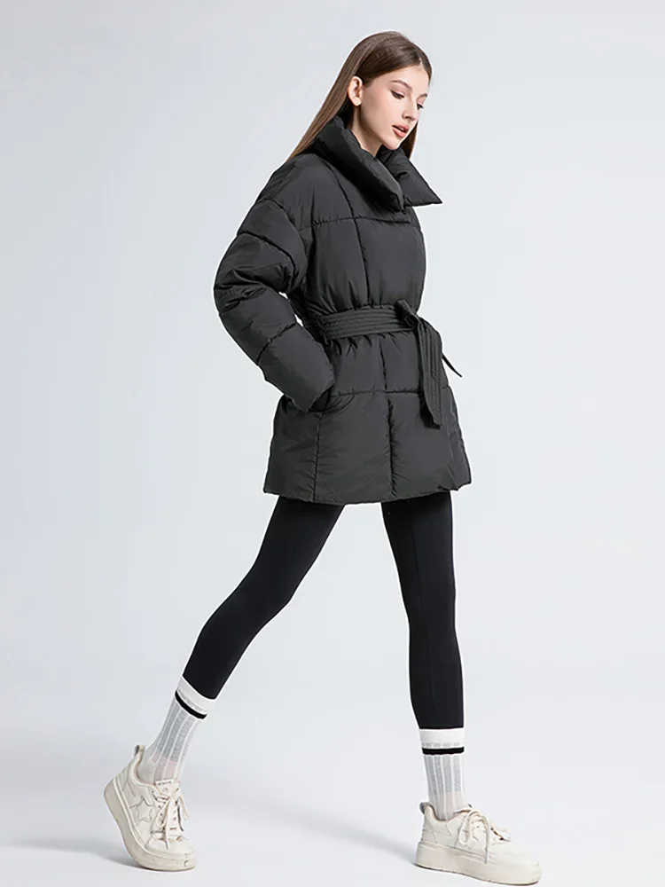 Vielleicht 2024 New Korean Puffer Jacket Winter Women Clothes Stand Collar Winter Cotton Padded Coat With Belt Female Outwear