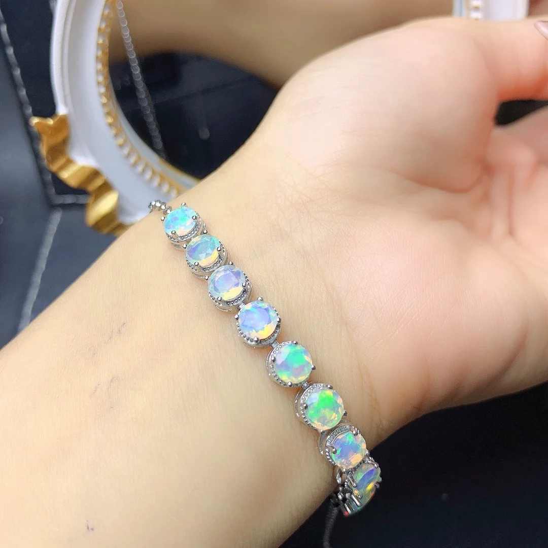 Round 5mm Faceted Rainbow Fire Opal Bracelet Sterling Silver Natural Opal Birthstone Gemstone Jewelry For Women