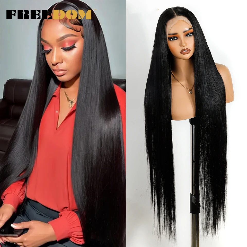 FREEDOM Lange Gerade Synthetische Lace-Front-Perücken für Frauen 38 Zoll Weich 13X4 Freier Scheitel Schwarzes Haar Lace-Frontal-Perücke Vorgezupft – Detail 2