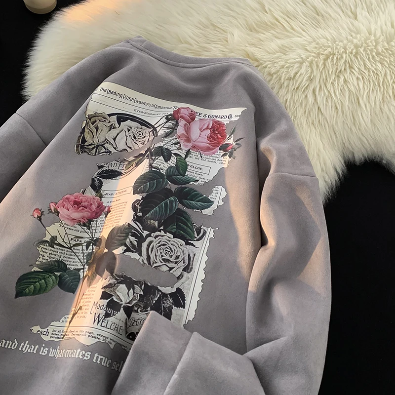 

Vintage Suede Sweatirt Men's Heavyweight No Hat Rose Print Couple's Clothing round Ne Casual Loose Fit Antibacterial