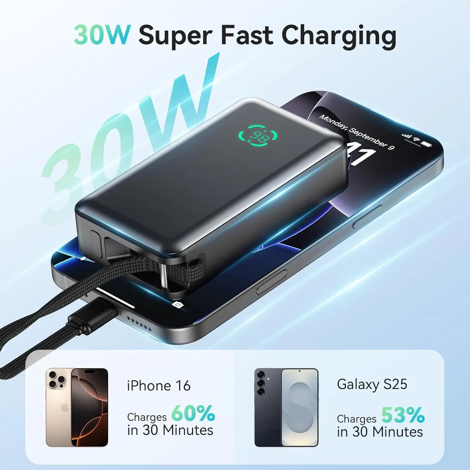 

PD30W 10000mAh Phone Charger Fast Charging Power Bank Built-in USB-C Cable Portable Charger for iPhone 17 16 15 Samsung Travel