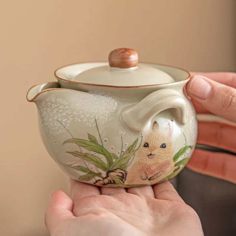 Rabbit Ru Ware Pot Single Binaural Anti-Scald Porcelain Tea Brewing Bowl with Cover Kung Fu Tea Set