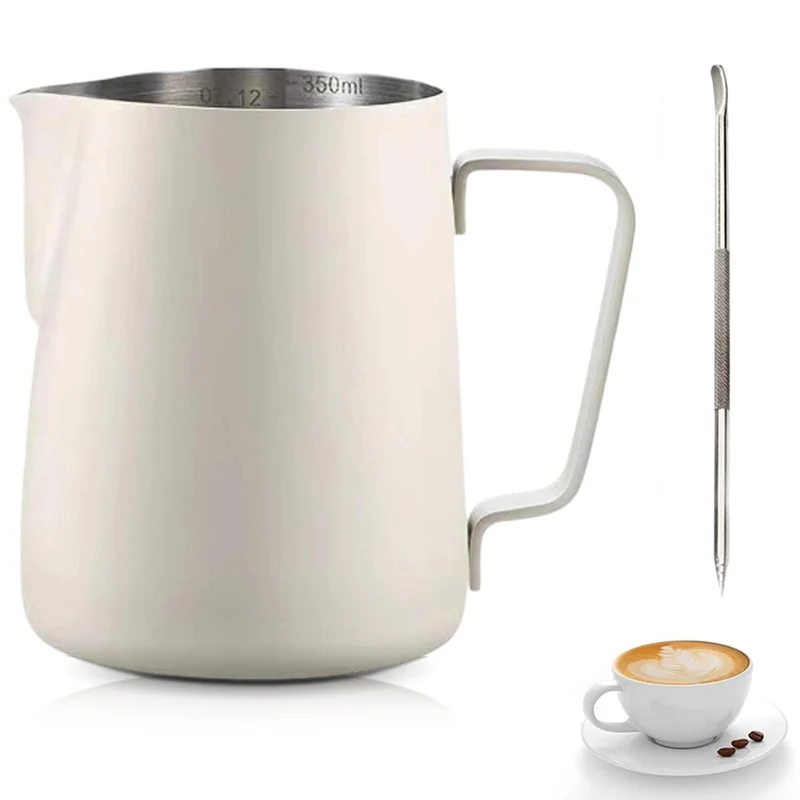 Milk Jug Stainless Steel Measurement and Latte Decorating Art Pen for Barista Making Coffee Cappuccino White