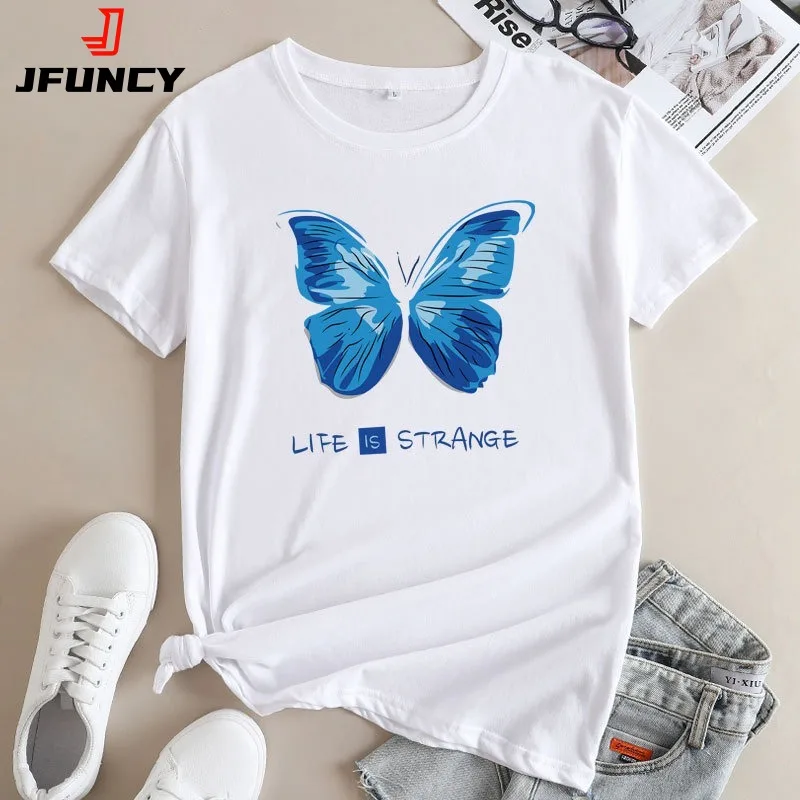 JFUNCY-camiseta feminina com estampa borboleta, 100% algodão, camiseta casual feminina, tops soltos, verão, 2022