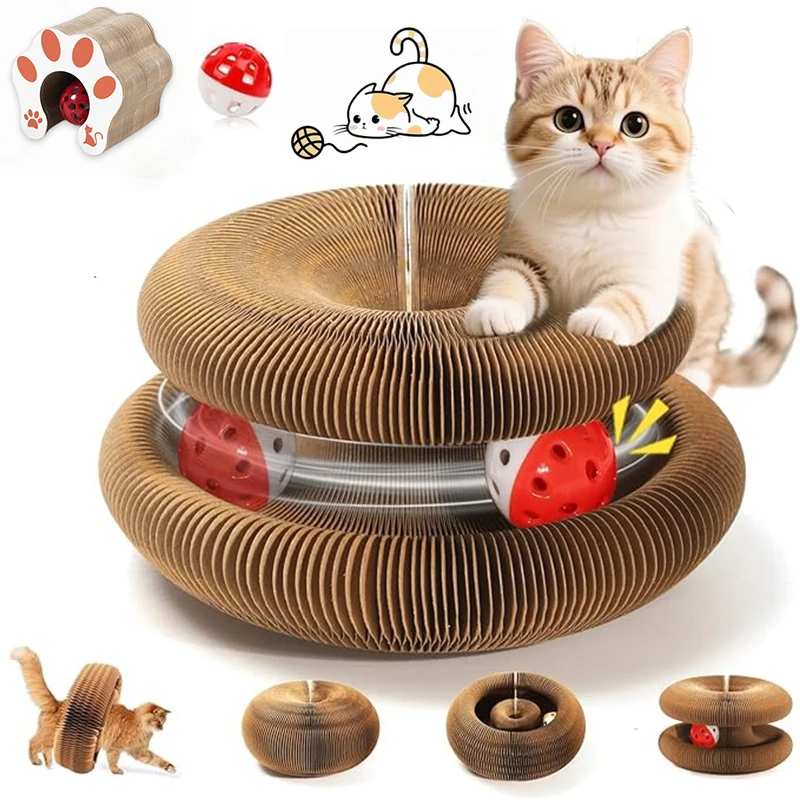 Magisches Orgel-Katzenkratzbrett, Faltbares Recycelbares Akkordeon-Katzenspielzeug mit Ball und Kugelbahn-Abenteuer, Katzenkratzmatte