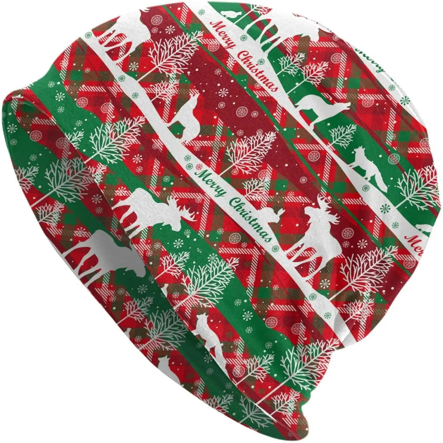 Merry Christmas Tree Reindeer Red Green Plaid Print Knit Beanie Hat Running Outdoor Cancer Headwear Baggy Sleep Caps Turban