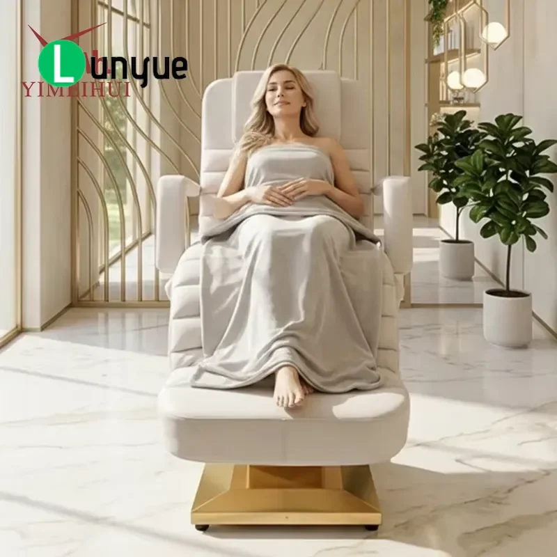 Luxury Electric Massage Bed 3 Motor Gold Stainless Steel Base Extended Face Spa Table with Foot Pedals for Beauty