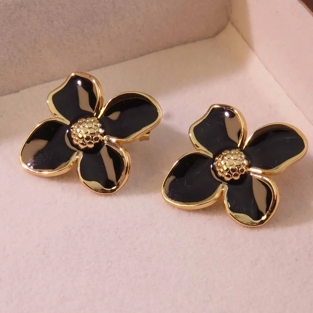 Stainless Steel Flower Dropping Oil Stud Earrings For Women Gold Color Fashion Graceful Ear Jewelry Wedding Birthday Party Gifts