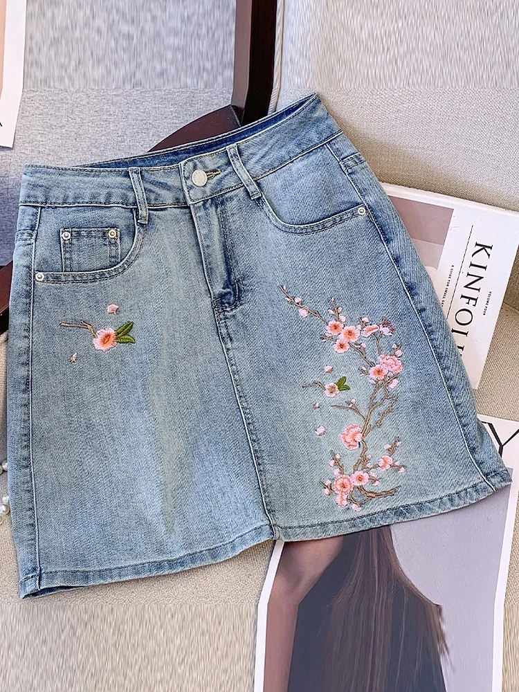 Fashion Women Flower Embroidery Denim Skirt 2025 Summer High Waist Blue Wrap Hip Jean Short Skirt Chic Spice Girls Skirt