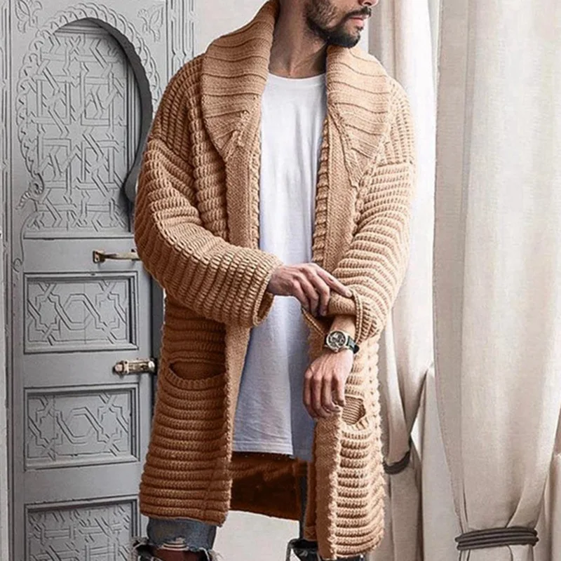 

Autumn and Winter Men's Cardigan Sweater Fashion Mid Length Polo Collar Long Sleeve Male Overcoats