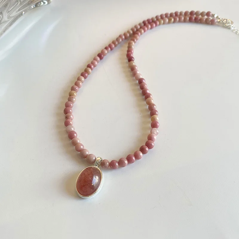

New in Statement Autumn Winter Natural Round Rhodochrosite Stone Beads Necklace for Women Handmade Long Stacked Collarbone Chain