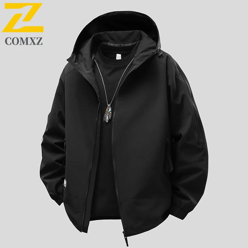 2025 Spring Men's Windbreaker Casual Fashion Black Hooded Design Bicycle Windproof Top Coat Trendy Street Hip-hop Men's Clothing