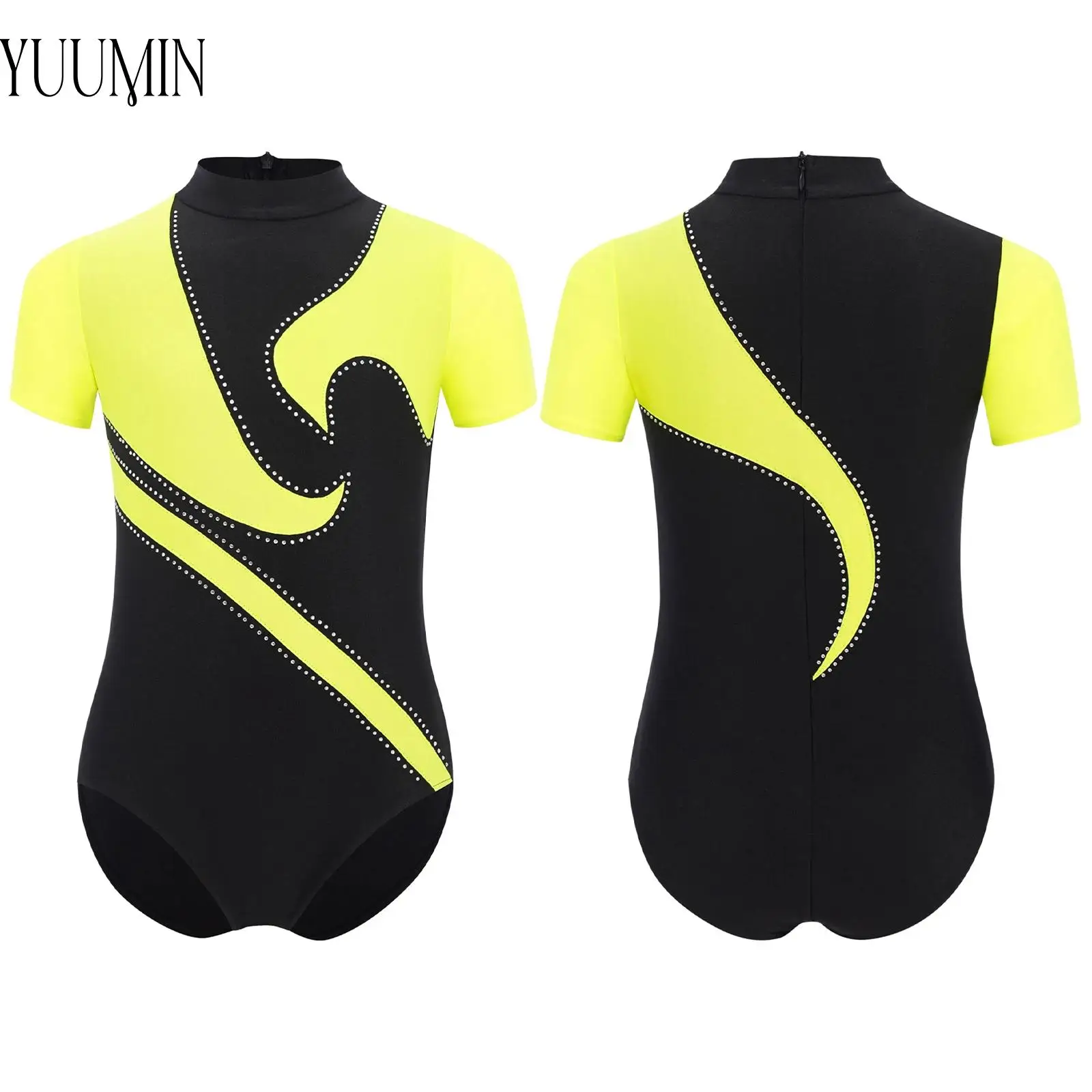 

Kids Boys Stylish Short Sleeve Back Invisible Zipper Color Block Ballet Leotard for Skating Gymnastics Performance Competition