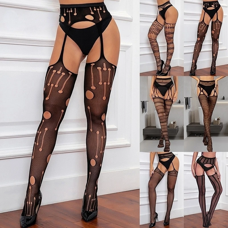 13styles Sexy Black Women Stockings With Belt Set High Fish Net Tights Erotic Lingerie Pantyhose Floral Long Mesh Lace Stocking