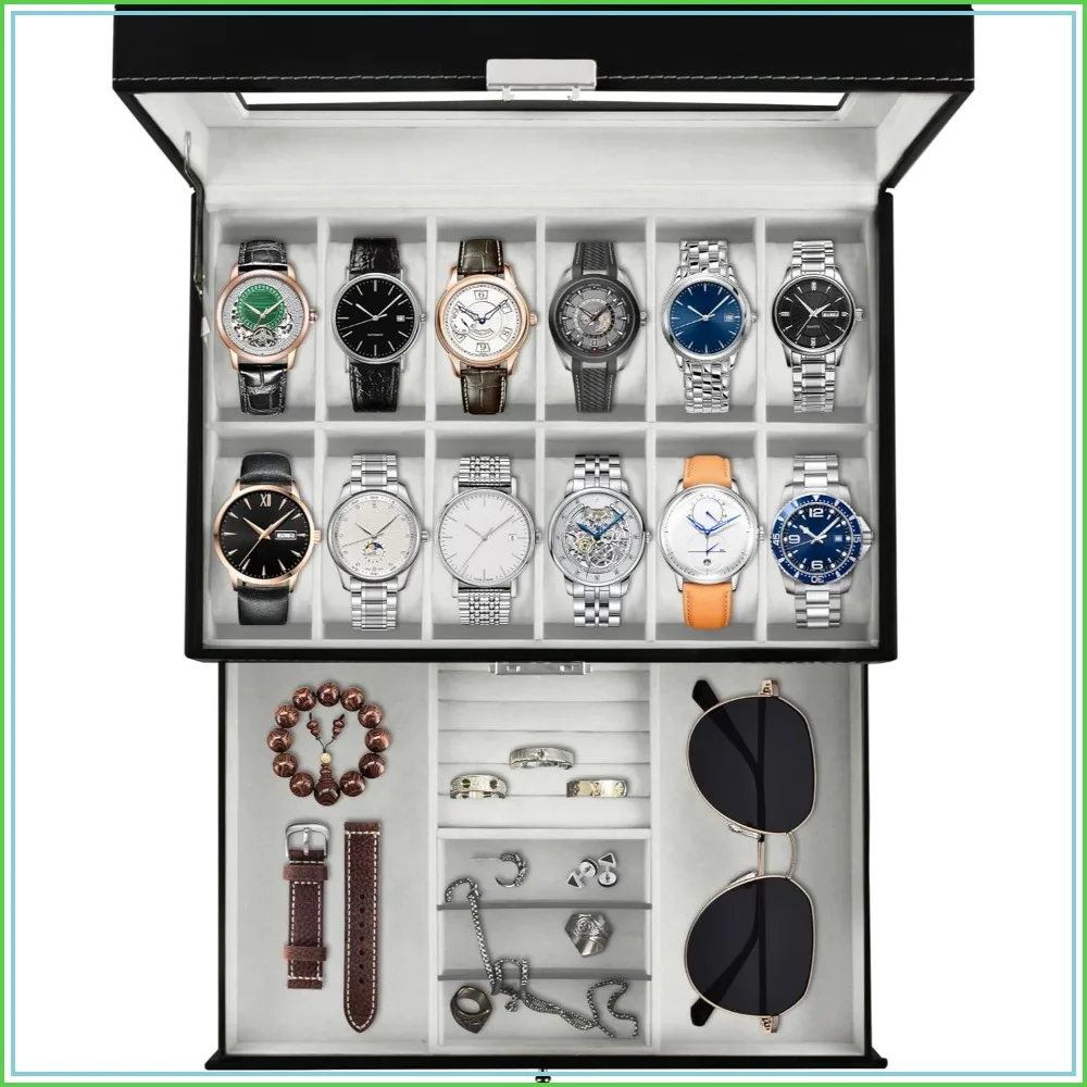 12-Slot PU Leather Watch Box with Glass Lid, 2-Tier Organizer for Men & Women, Black