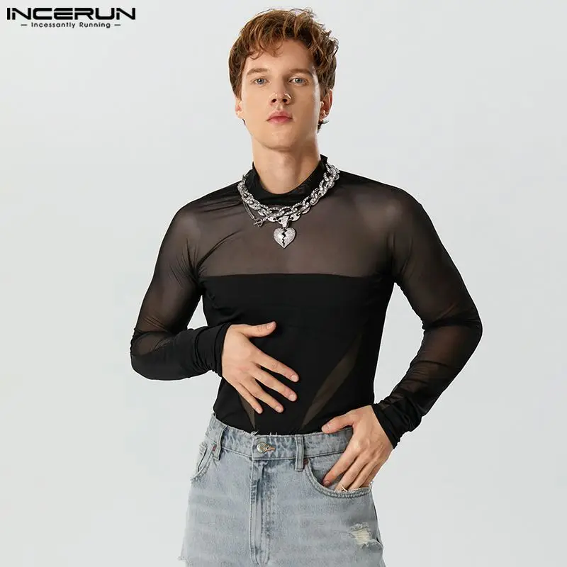 Sexy New Men Rompers Fashion Splicing See-through Mesh Bodysuit Fashion Male Solid Thin Long Sleeve Jumpsuits S-5XL INCERUN 2023