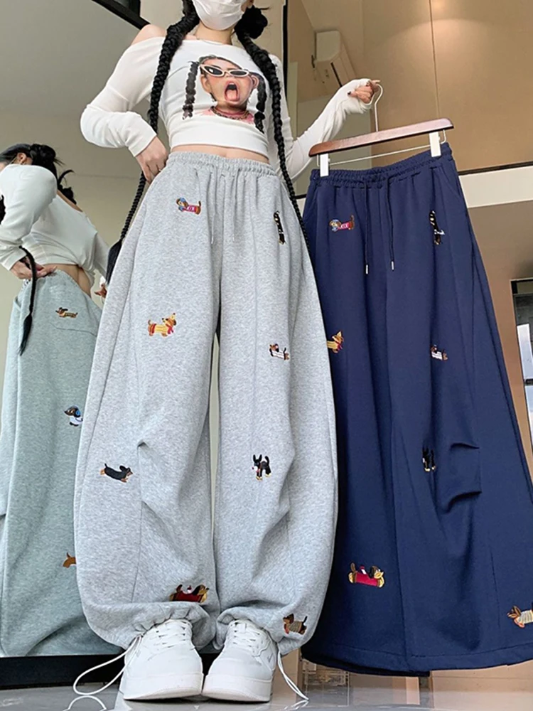 Cute Dog Embroidery Pants Women Autumn Casual High Waist Fashion Wide Leg Pant American Loose Cartoon Kawaii Female Trousers New