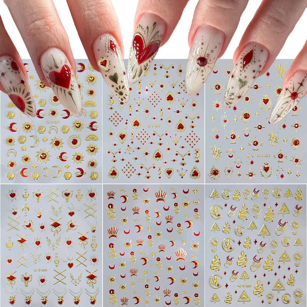 

6pcs 5D Red Love Heart Moon Sun Nail Art Sticker 10*8cm Metallic Edge Design Shimmer Nail Stickers Bohemian Adhesive Nail Decals