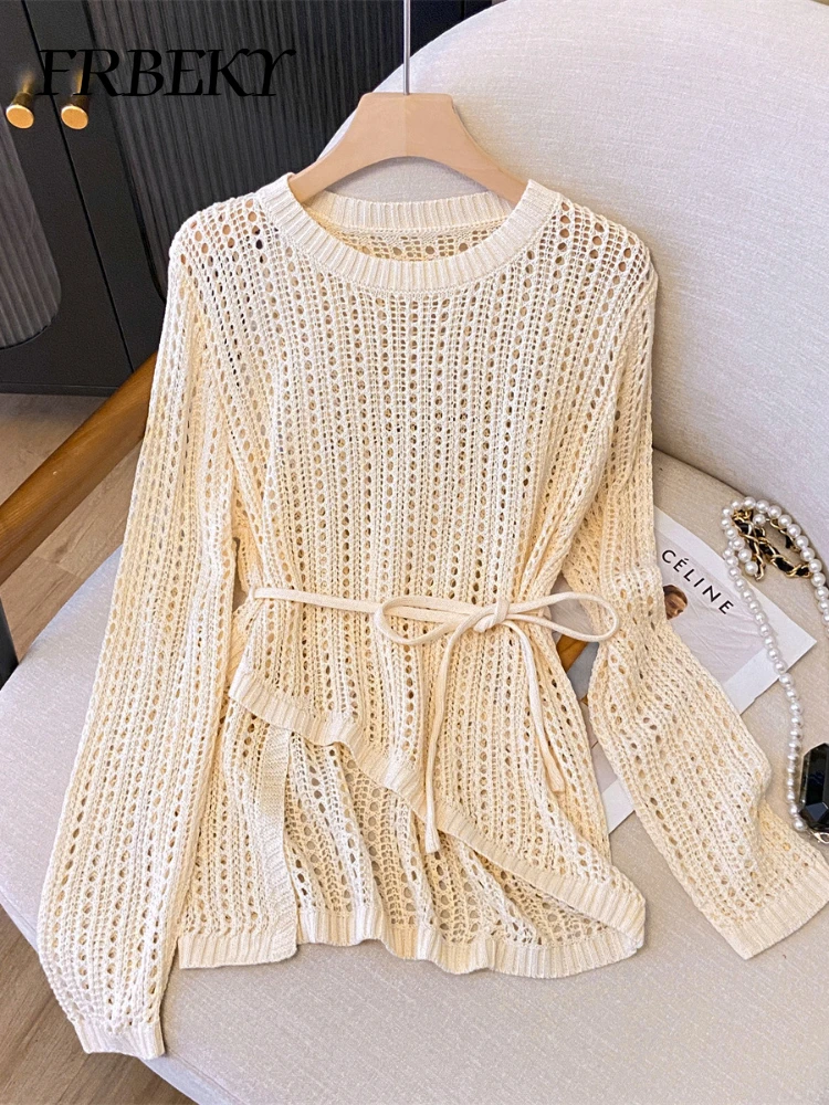 Sweater Women Autumn New Drawstring Loose Hollow Out Knit Sweater Bohemian Pullover Korean Fashion Long-sleeved Top Outerwears