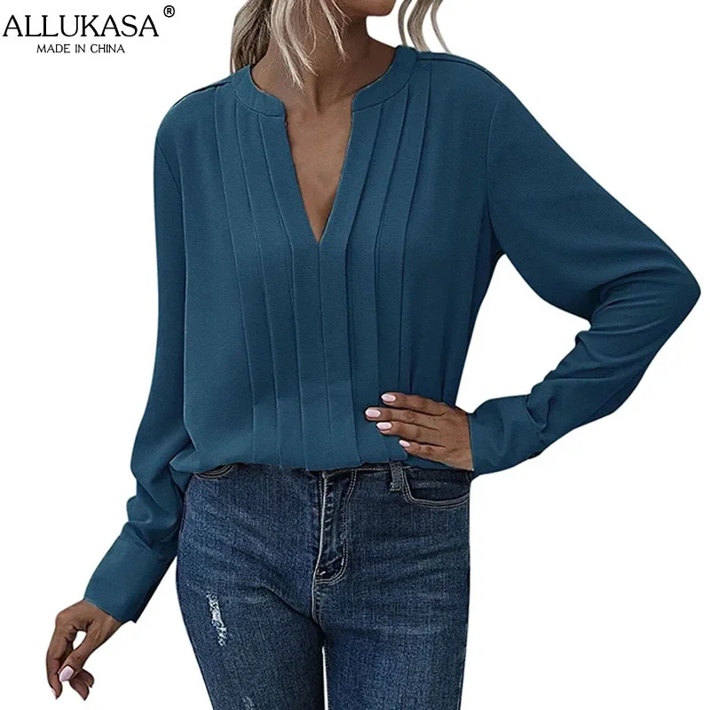 Allukasa Women Chiffon Blouse Female V Neck Casual Long Sleeve Pleated Solid Color Pullover Fashion Office Shirt Ladies Clothing