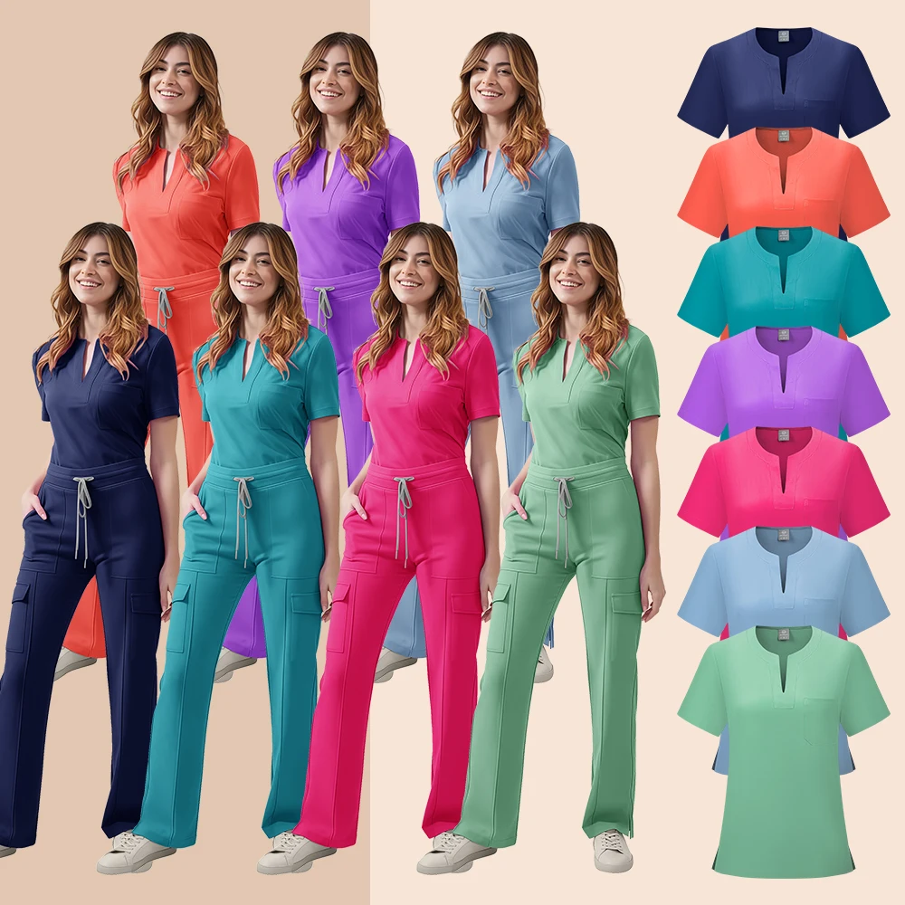 Medische Scrubs Uniform Vrouwen Verpleegkundige Scrub Set Pocket Top + Broek 2-delig Pak Verpleging Operatiekamer Kleding Schoonheidssalon Werkkleding