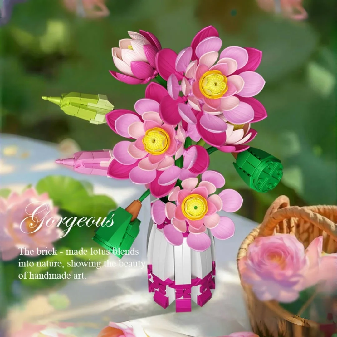695+delige lotus bouwsteenornamenten met vazen |   Lotus-bouwsteenset in Chinese stijl |   Desktopdecoratie voor thuis |   Valentijnsdag/Halloween/Thanksgiving/Kerstcadeaus