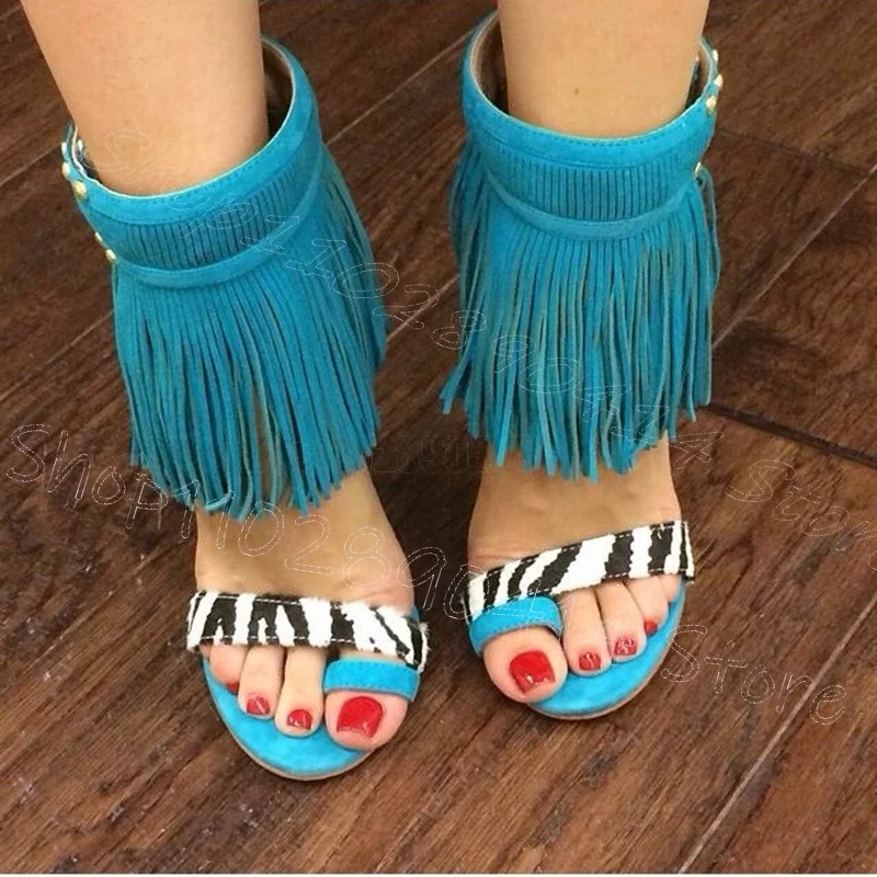 

Zebra Print Blue Suede Flip Flop Tassels Sandals Slip On Women Shoes Thin High Heels Party Feast Dating 2025 Zapatos Para Mujere