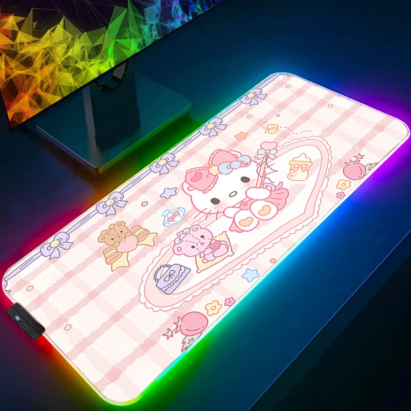 RGB Mouse Pad Hello Kitty gamer Large LED Lock Edge Keyboard NonSlip Rubber Computer Carpet Desk Mat PC Gamer Backlight MousePad