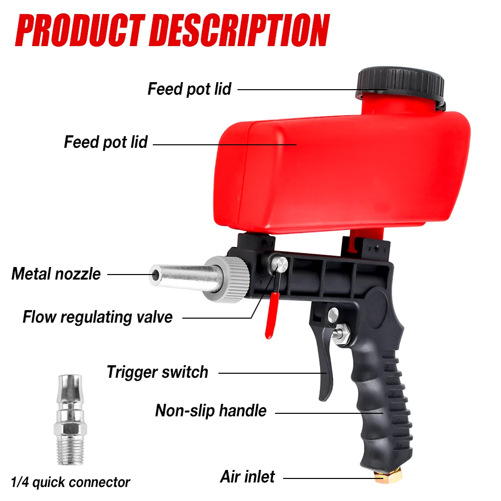 90psi Adjustable Pneumatic Sandblasting Gun, 2.1lbs Portable Home Sandblasting Machine, Cordless Gravity Small Handheld Air Tool