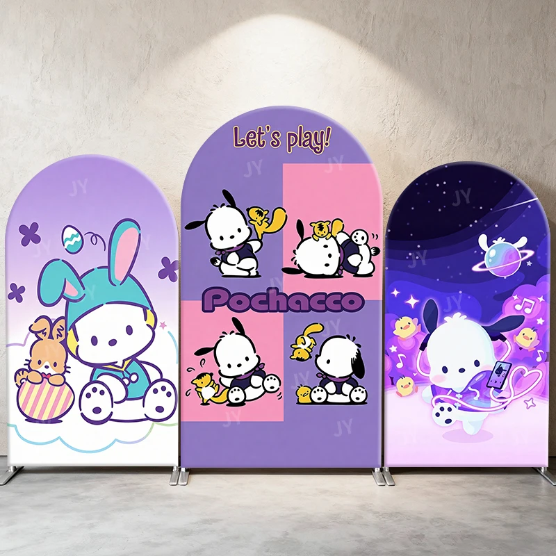 

Pochacco Purple Playful Theme Arch Backdrop Cover Vibrant Cartoon Scene For Kids Birthday Baby Shower Photo Booth Background