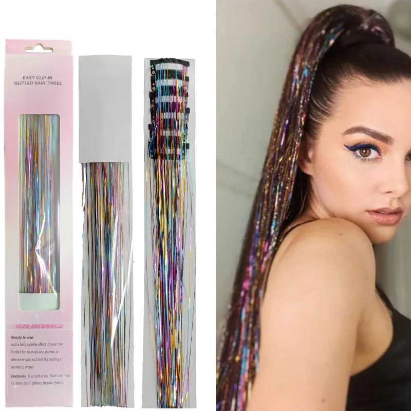 Extensiones de cabello con oropel dorado láser más vendidas, 12 piezas de cabello de arcoíris en caja de colores, peinado de fiesta brillante, accesorios para el cabello