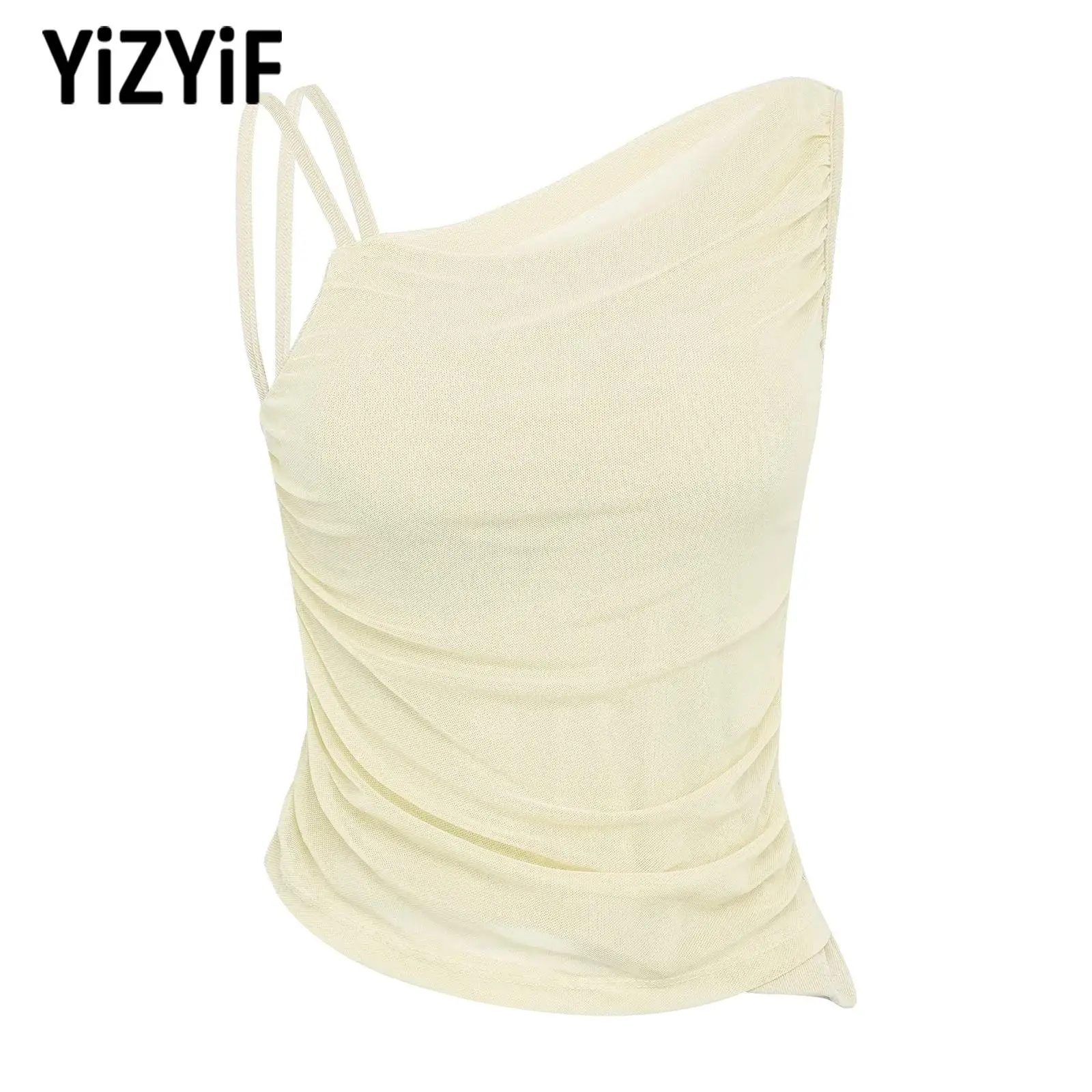 

Adult Womens Breathable Yoga Vest Asymmetrical Shoulder Ruched Mesh Front Backless Soft Crop Top for Pilates Sports Gym Workout