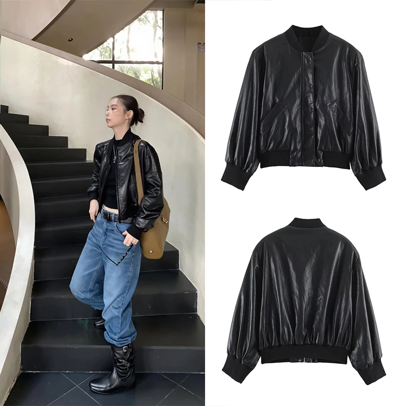 Guobioziy Women's Casual Padded Shoulder Aviator Leather Jacket 2026 Spring-Autumn European Fashion Trend Classic Biker Street