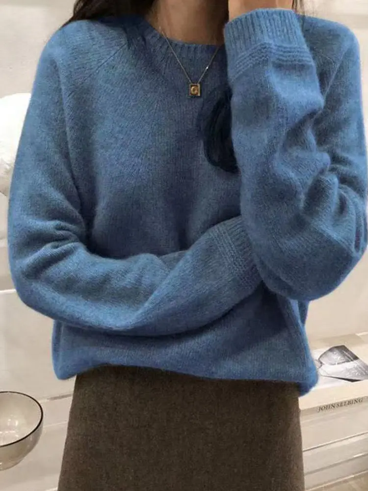 

Женский шерстяной трикотажный джемпер с круглым вырезом, утепленный, свободного кроя, однотонный, для повседневной носки