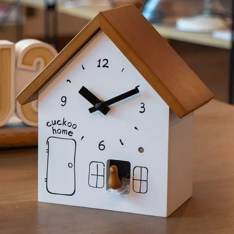 Silent Table Clock Creative Cuckoo Wall Clock Light Sensing Hourly Chiming Wooden Stylish Desk Clocks Modern Home Decoration