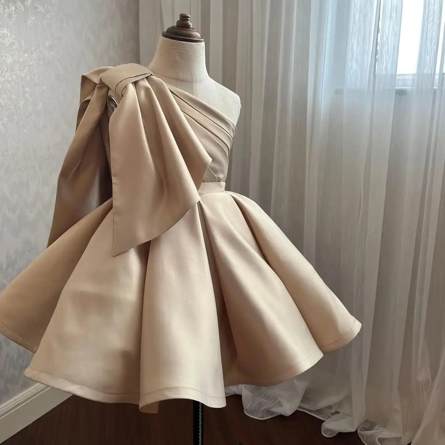 Vestido champanhe flor menina para casamento, laço grande, personalizado, crianças, festa de aniversário, vestido de primeira comunhão