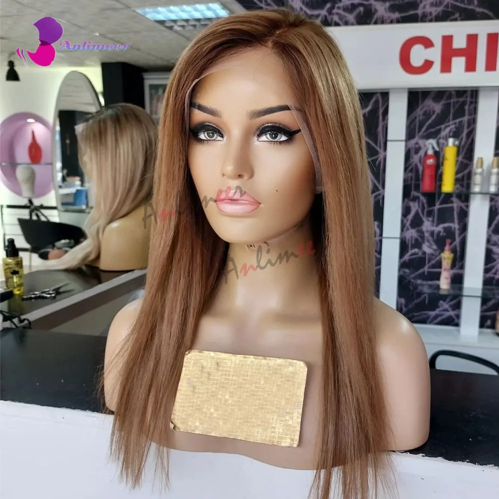 Perruque Lace Front Wig 100% naturelle ombrée Auburn, cheveux courts, Base en soie, cuir chevelu, pour femmes claires