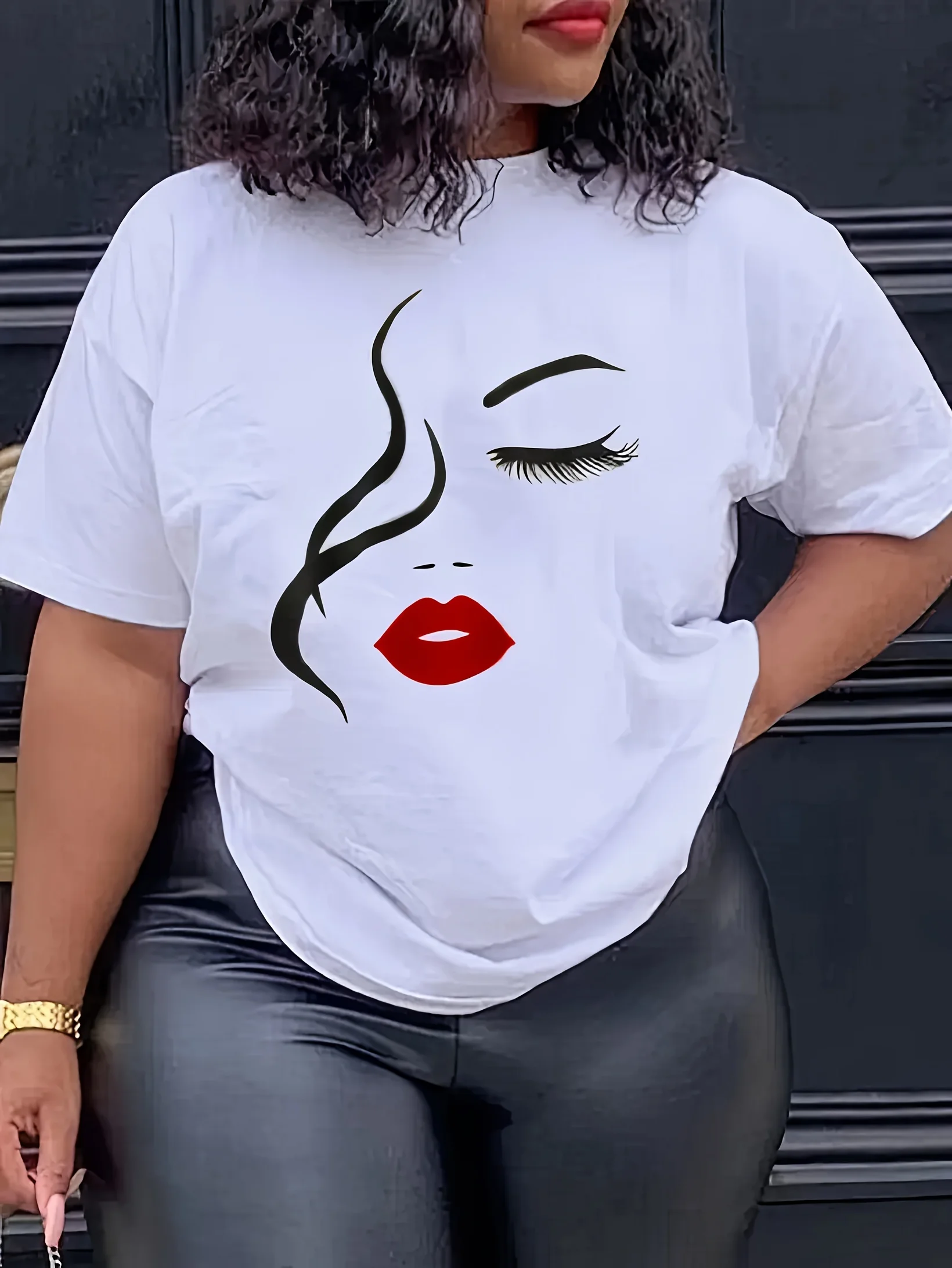 Ladies' casual round-neck T-shirt, pattern printed, 100% polyester knitted fabric, short-sleeved summer top