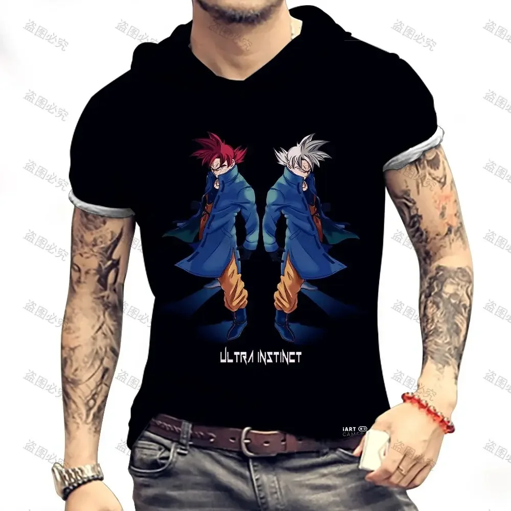 Goku Men's T Shirt With Hood 2024 NEW Vegeta Dragon Ball Z S-3XL Harajuku Short Sleeved Tops Y2K Shirts Saiyan Anime Streetwear