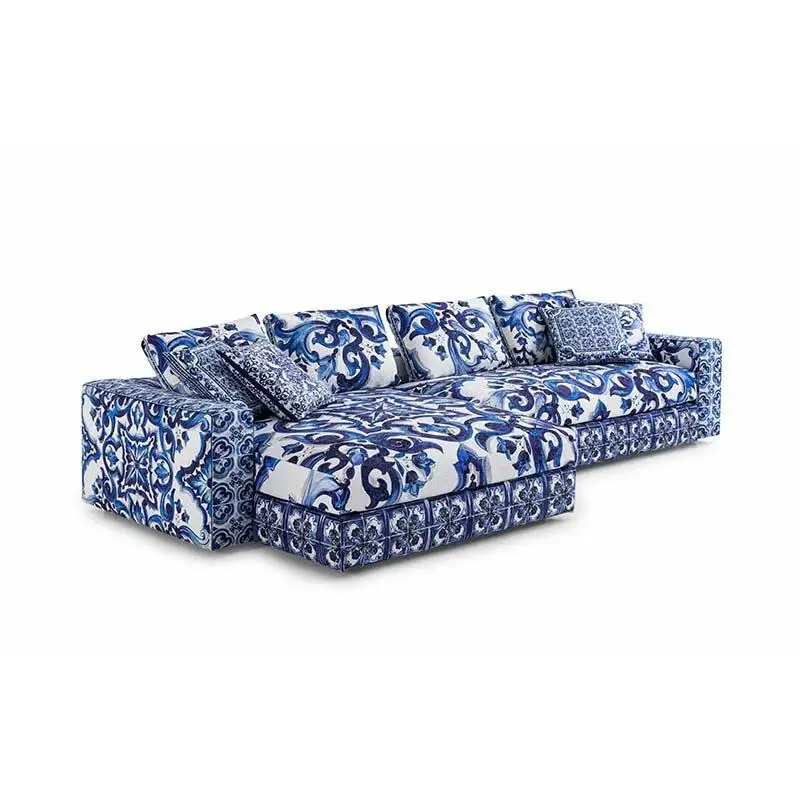 High-end villa luxury artistic fabric three-person sofa Light luxury Chinese blue and white porcelain fabric sofa