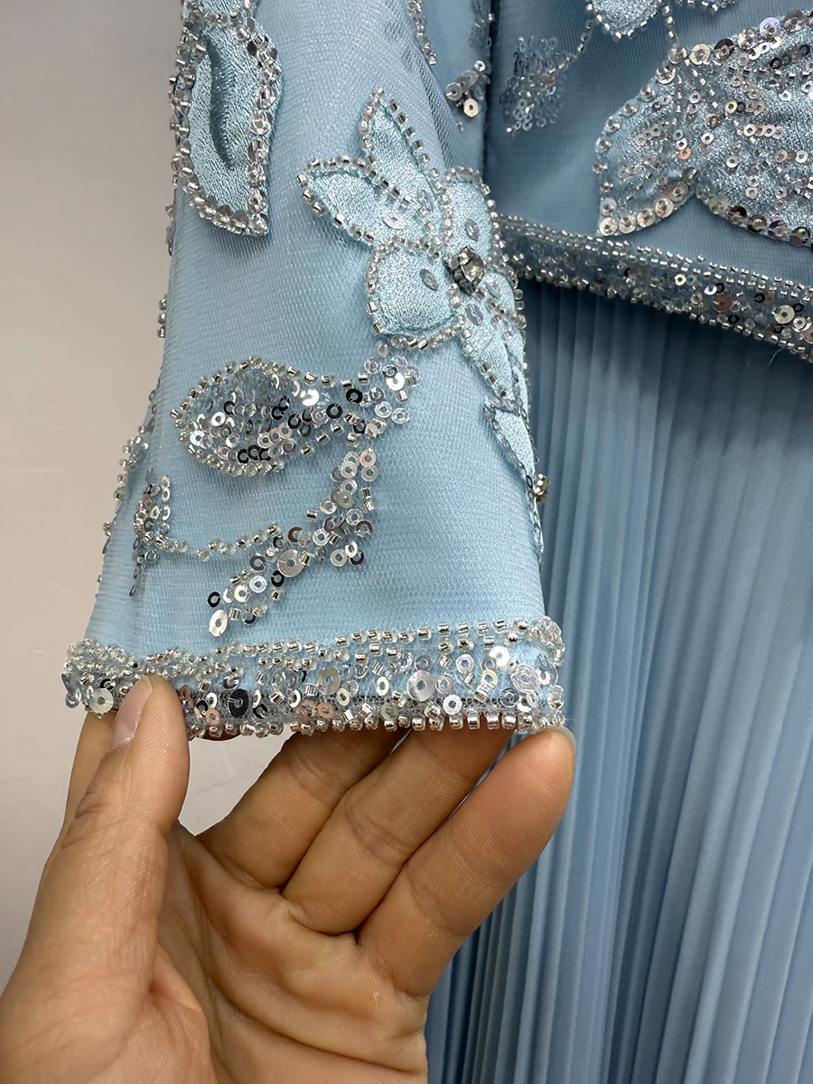 VGH หรูหรา 2 ชิ้นชุดผู้หญิง O คอสั้นเสื้อสเวตเตอร์ถัก Spliced เย็บปักถักร้อยผ้าพันคอ Maxi ชุด Office Lady ชุดหญิงใหม่