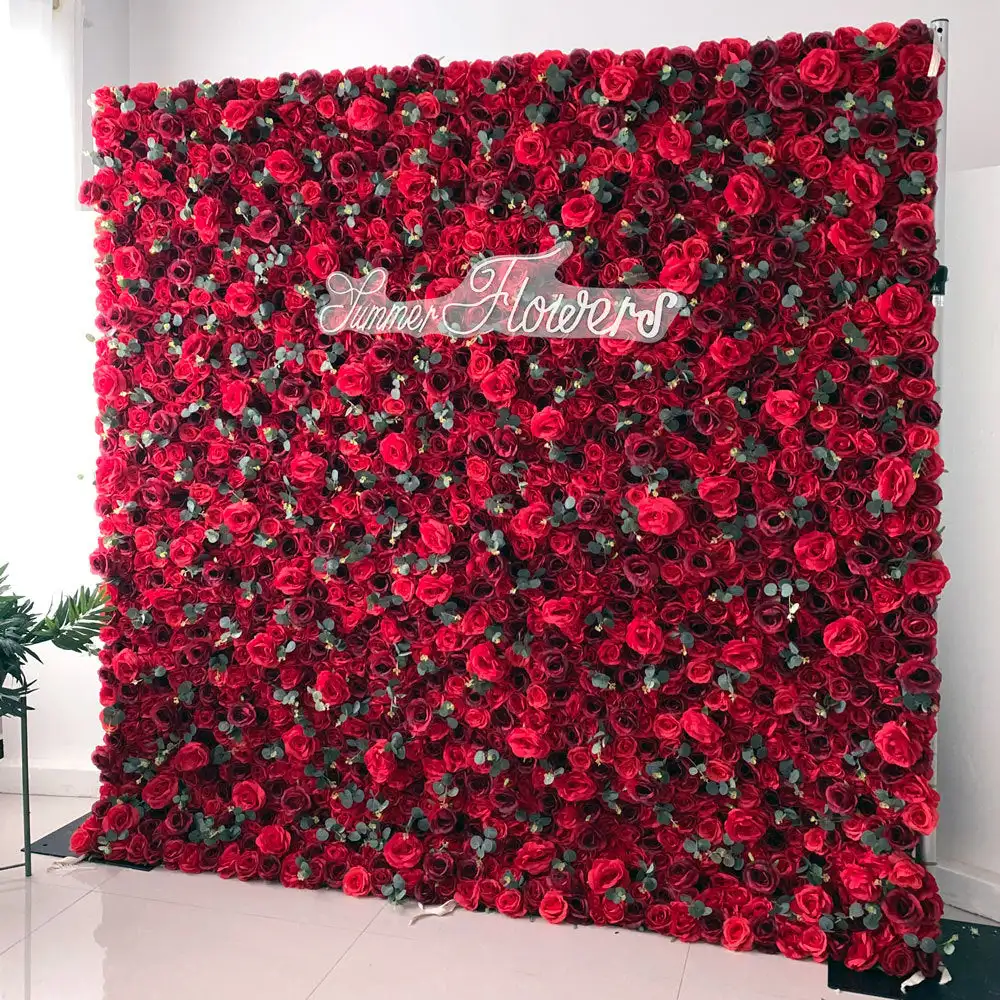 Royal 3D luxury Red Rose greenery Curtain Cloth Flower Wall Outdoor Wedding Backdrop Decoration Events Prop Window Display