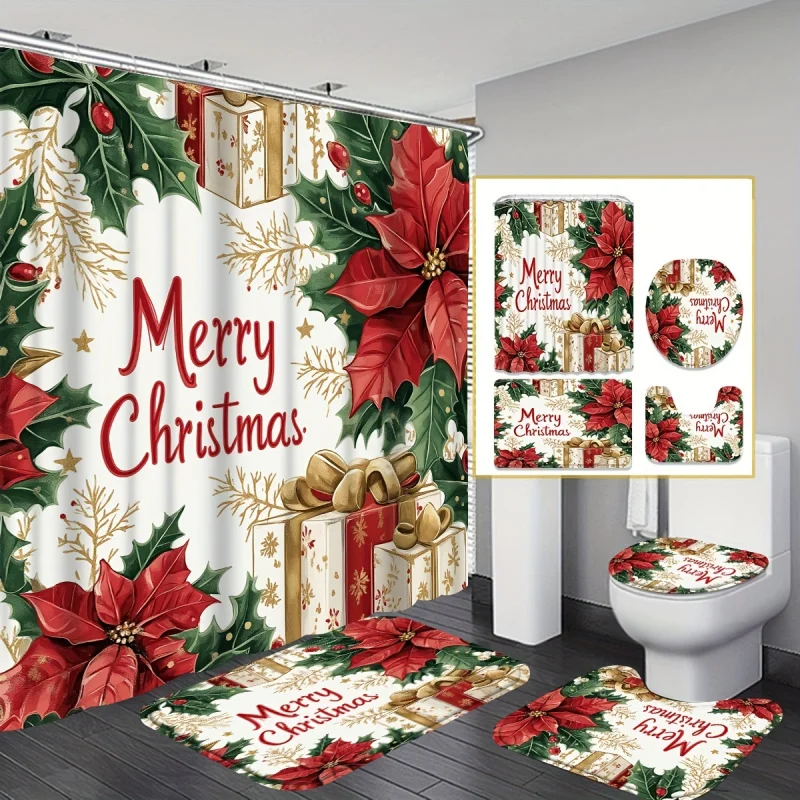 JIT 1/4PCs Merry Christmas winter set, ball Poinsettia gift box bow vintage red green shower curtain for Christma