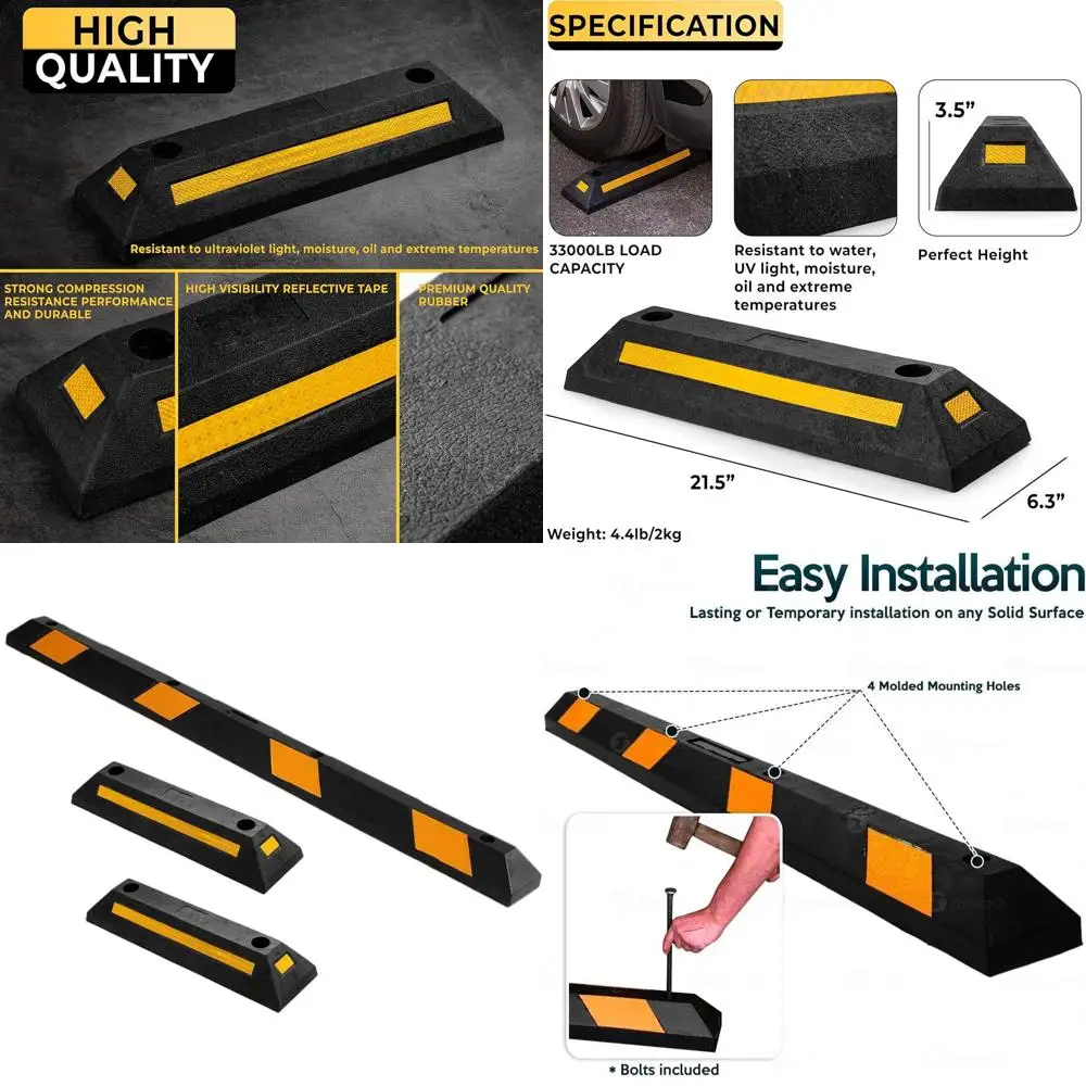

Прочные резиновые парковочные бордюры, 72 x 21, набор из 3 штук, премиум-качество, долговечные ограничители для колес с отражающей желтой лентой для гаража