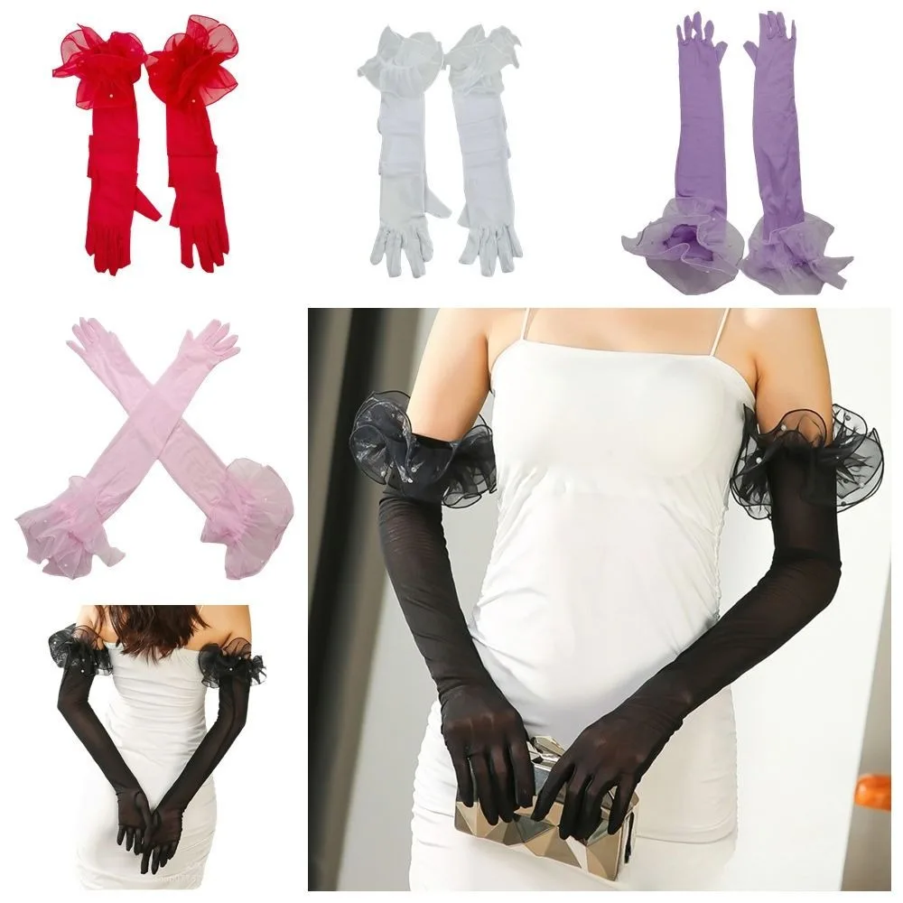 Elastic Women Long Mittens Wedding Dress Sunscreen Solid Lace Sleeves Gloves Pearl Decoration Perspective Bridal Mesh Gloves