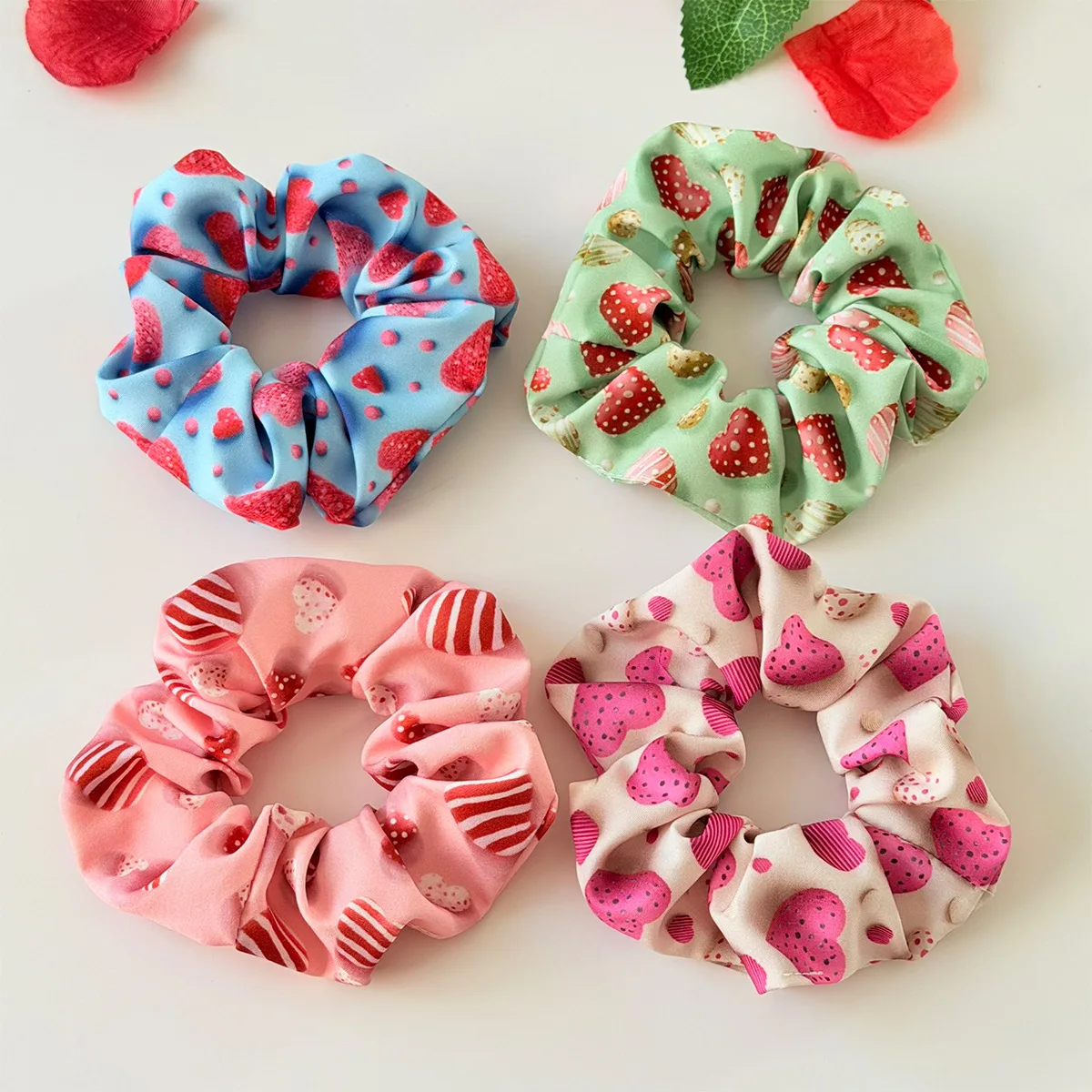 Valentine's Day Scrunchies Elastic Rubber Hairbands Candy Love Printed Fabric Hairbands High Elastic Ponytail Holder Accessories